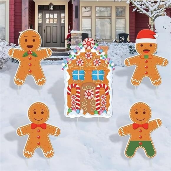 Gingerbread Christmas Decorations Outdoor Yard Signs- 5 Pack Plastic Gingerbread - Picture 7 of 7